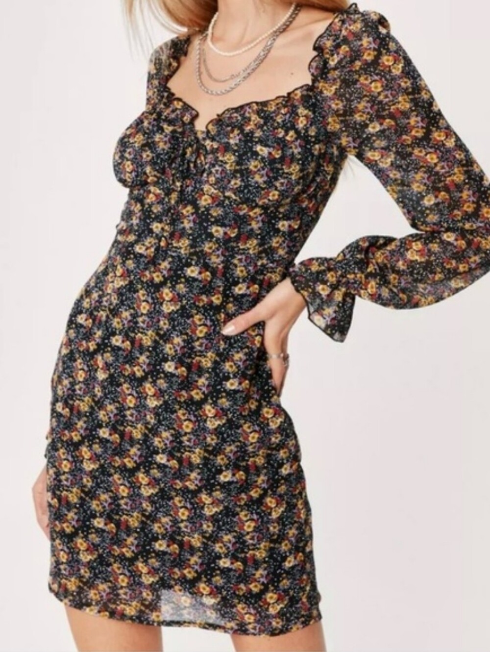 Nasty Gal Black Floral Long-Sleeve Mini Dress